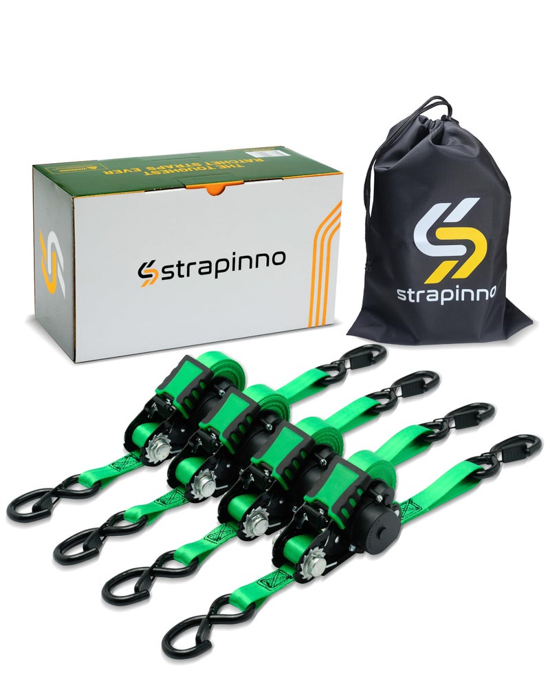 Strapinno أشرطة سقاطة قابلة للسحب من Strapinno - 1 بوصة × 12 قدم، ربطات عنق متينة بقوة 1800 رطل، قوة كسر كل خطاف S مع مشبك أمان، سحب تلقائي لتحريك قوارب الكاياك والبضائع للدراجات النارية (4 قطع) - Image 1